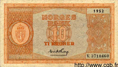 10 Kroner NORVÈGE  1952 P.26b VF