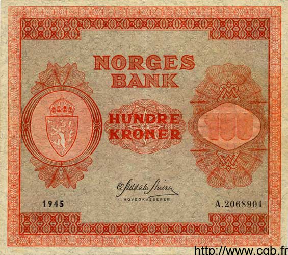 100 Kroner NORVÈGE  1945 P.28a TTB+