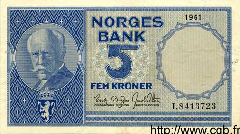 5 Kroner NORVÈGE  1961 P.30g VF+
