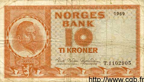 10 Kroner NORWAY  1969 P.31d F
