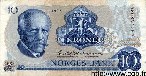 10 Kroner NORVÈGE  1975 P.36a VF