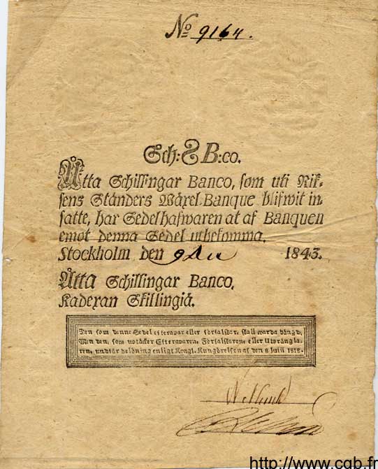 8 Schillingar Banco SUÈDE  1843 P.A100b SS