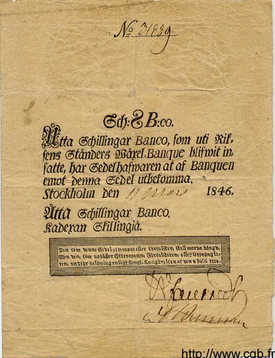 8 Schillingar Banco SWEDEN  1846 P.A100b VF