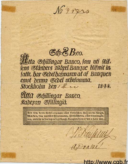 8 Schillingar Banco SWEDEN  1848 P.A100b VF+