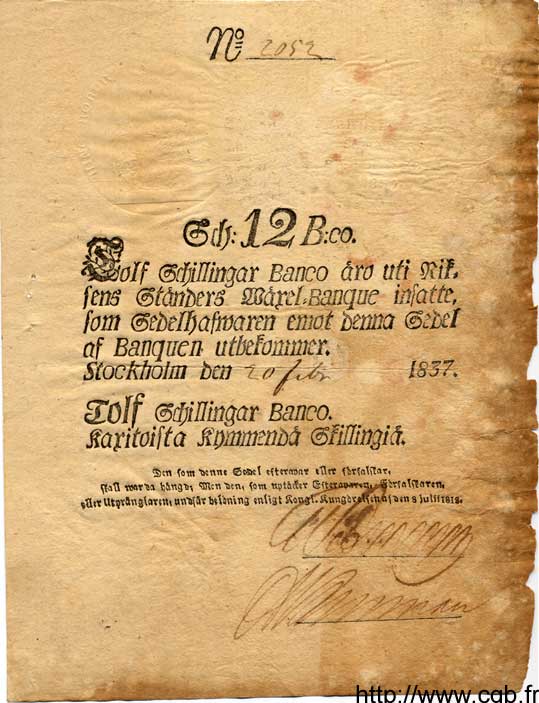 12 Schillingar Banco SUÈDE  1837 P.A101b TB