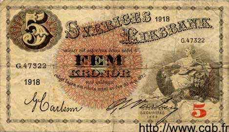 5 Kronor SWEDEN  1918 P.33a F