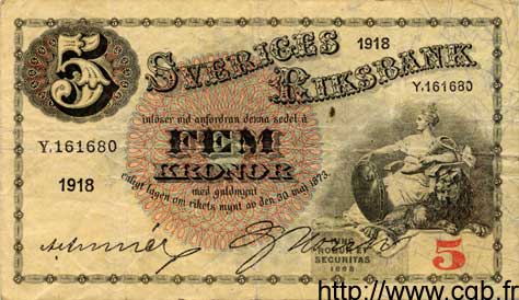 5 Kronor SWEDEN  1918 P.33a VF
