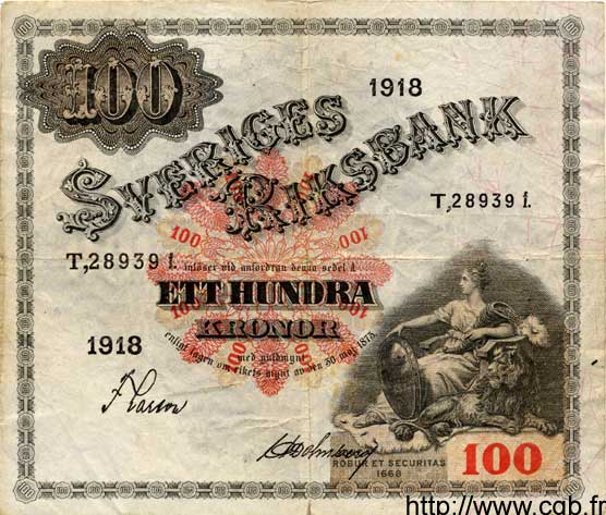 100 Kronor SUÈDE  1918 P.36a S to SS