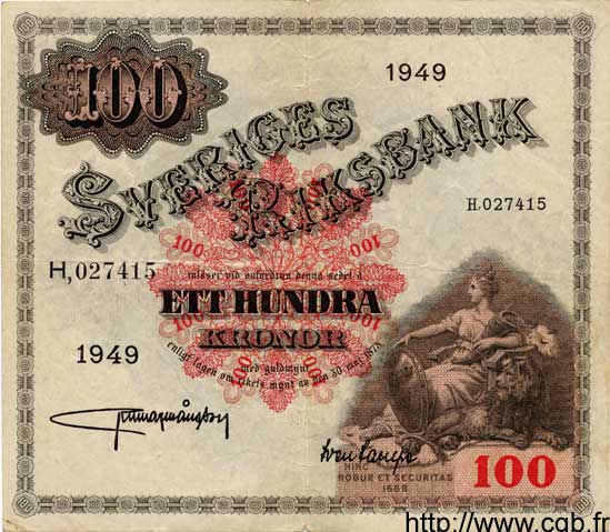 100 Kronor SUÈDE  1949 P.36r BB