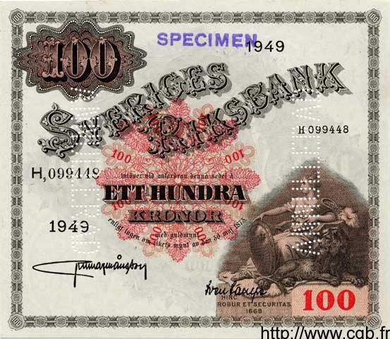 100 Kronor Spécimen SUÈDE  1949 P.36rs q.FDC