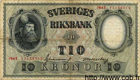 10 Kronor SUÈDE  1943 P.40c TB