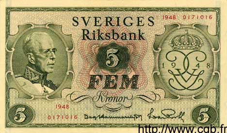 5 Kronor SWEDEN  1948 P.41a UNC-