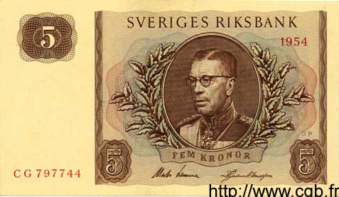 5 Kronor SWEDEN  1954 P.42a UNC