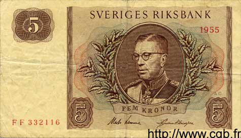 5 Kronor SWEDEN  1955 P.42a F