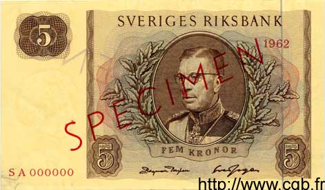 5 Kronor Spécimen SWEDEN  1962 P.50s UNC-