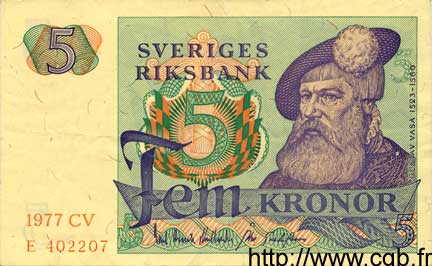 5 Kronor SWEDEN  1977 P.51d VF+