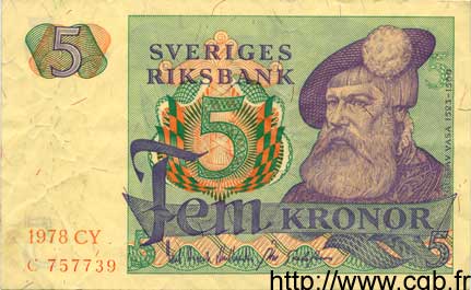 5 Kronor SWEDEN  1978 P.51d VF+
