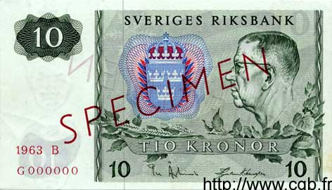 10 Kronor Spécimen SWEDEN  1963 P.52s UNC-