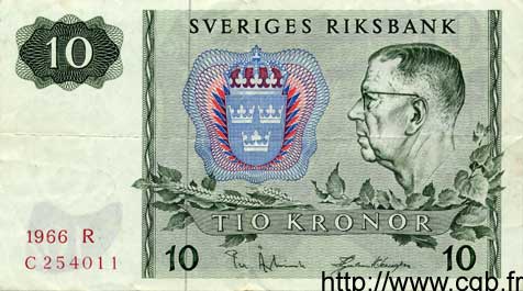 10 Kronor SWEDEN  1966 P.52b VF+