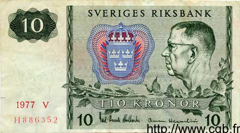 10 Kronor SWEDEN  1977 P.52d VF-