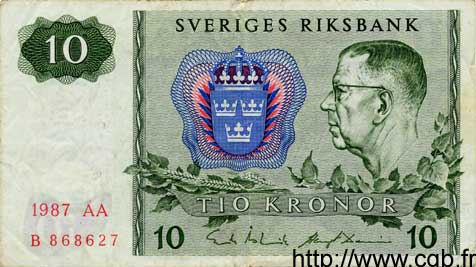10 Kronor SWEDEN  1987 P.52e VF