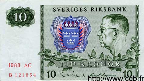 10 Kronor SWEDEN  1988 P.52e XF+