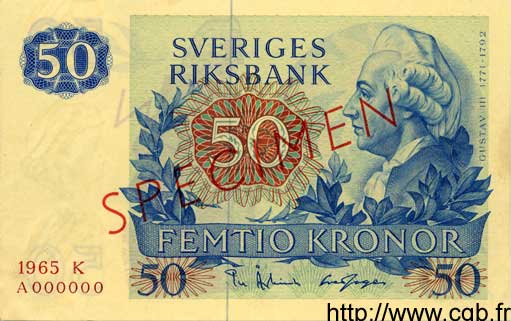 50 Kronor Spécimen SUÈDE  1965 P.53s q.FDC