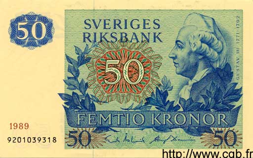 50 Kronor SUÈDE  1989 P.53d pr.NEUF