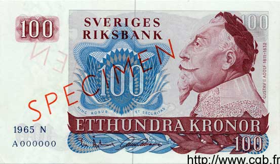 100 Kronor Spécimen SUÈDE  1965 P.54s pr.NEUF