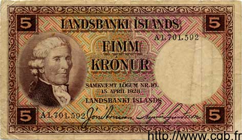5 Kronur ISLANDA  1934 P.27a q.MB
