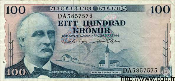 100 Kronur ICELAND  1961 P.44 VF