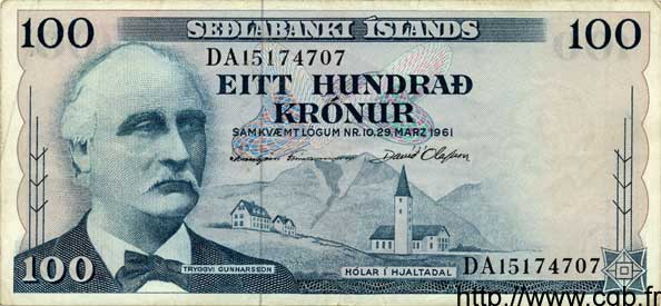 100 Kronur ICELAND  1961 P.44 VF+