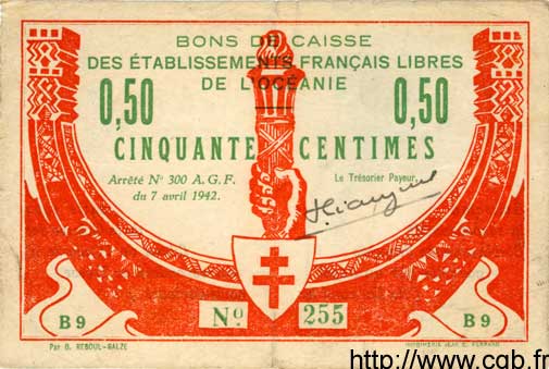 50 Centimes OCÉANIE  1942 P.07 pr.TTB