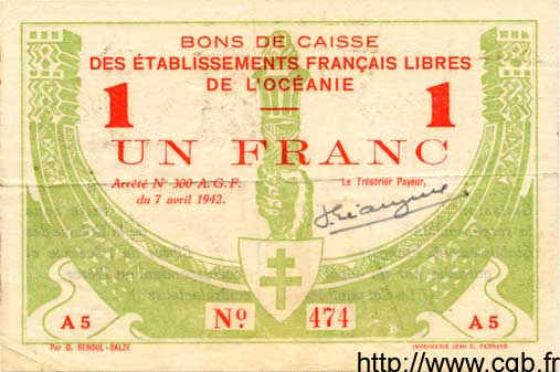 1 Franc OCEANIA  1942 P.08 VF+