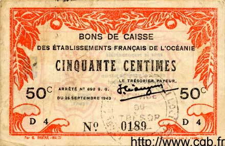 50 Centimes  OCÉANIE  1943 P.10a TTB