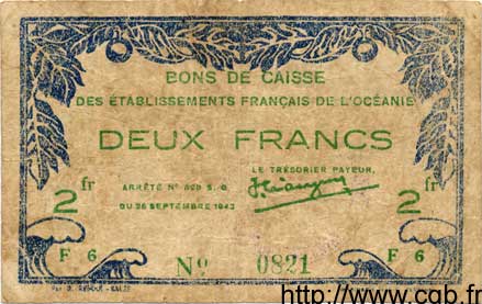 2 Francs OCEANIA  1943 P.12a S