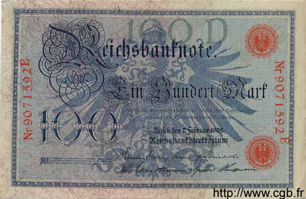 100 Mark GERMANY  1908 P.033a VF