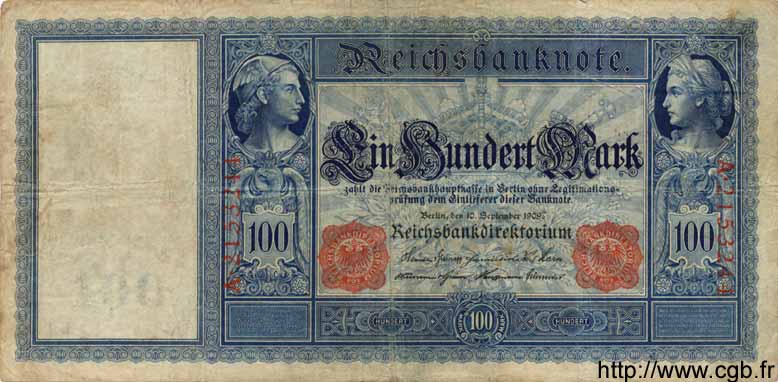100 Mark GERMANY  1909 P.038 VG