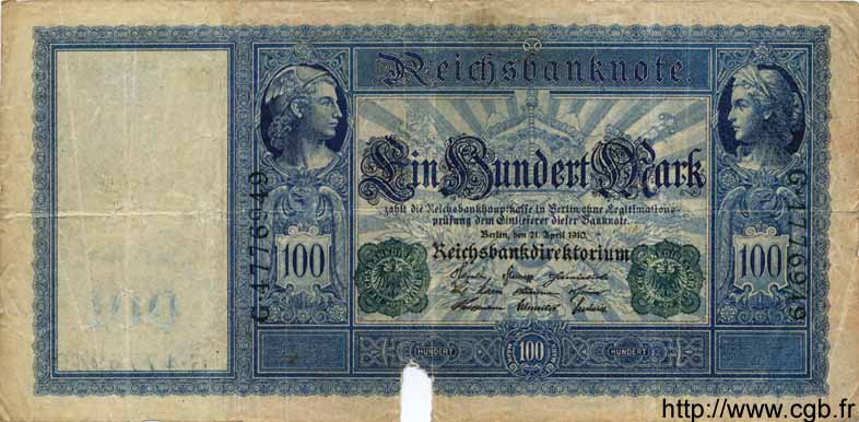 100 Mark GERMANY  1910 P.043 G