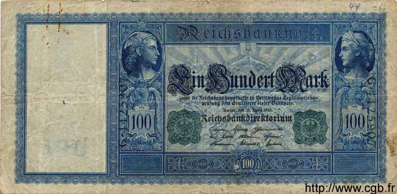 100 Mark GERMANY  1910 P.043 F