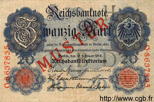 20 Mark Spécimen GERMANY  1914 P.046bs XF