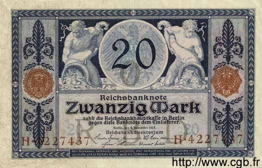 20 Mark GERMANY  1915 P.063 UNC-