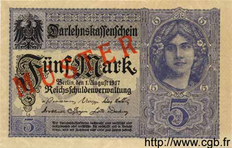 5 Mark  Spécimen GERMANY  1917 P.056bs UNC