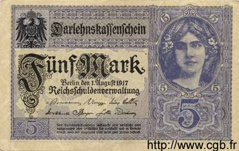 5 Mark GERMANY  1917 P.056b AU