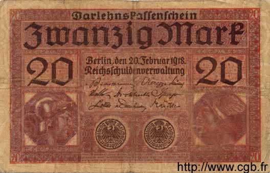 20 Mark GERMANY  1918 P.057 F