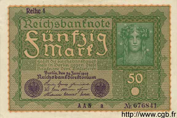 50 Mark GERMANY  1919 P.066 XF