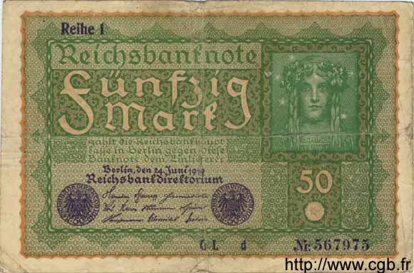 50 Mark GERMANY  1919 P.066 VG