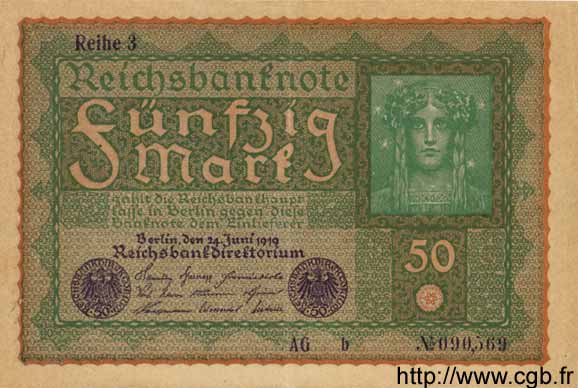 50 Mark GERMANY  1919 P.066 XF