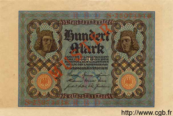 100 Mark Spécimen GERMANY  1920 P.069bs AU