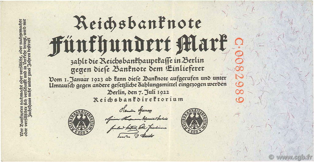 500 Mark GERMANIA  1922 P.074a q.AU